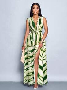 SOLERSUN Women Casual Holiday Deep V Neck Ruched Split Thigh Maxi Dress With Random Floral Print - Green - View 6