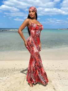 SHEIN SXY Vestido escotado de tirantes finos con estampado de leopardo en estilo bohemio y playa para mujer, para verano