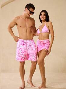 Manfinity VDAYZ Men's Summer Tie Dye Print Drawstring Waist Beach Shorts - Baby Pink - View 4