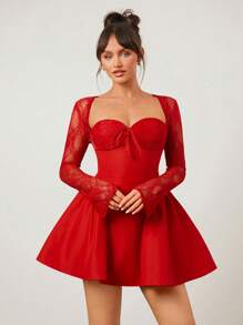 SHEIN SXY 节日服装红裙圣诞派对舞会红色蕾丝长袖公主芭蕾舞短裙性感迷你连衣裙；秋季女装；节日派对礼服；新年前夜礼服；新年女装 - 紅色 - 查看 3