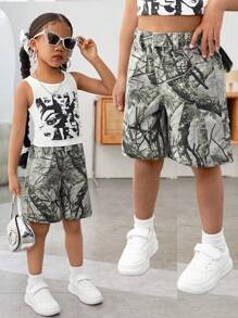 SHEIN Young Girls Casual Army Green Denim Shorts With Tree Print And Pockets - Army Green - View 2