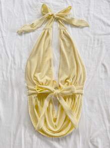 Soleia 女式度假金丝雀黄色针织纹理垂坠领露背系带蝴蝶结修身性感背心，适合派对、约会、下午茶、海滩、夏季 - 黃色 - 查看 2