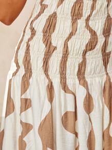 L'Amorae Elegant Vacation Wavy Print Shirred Detail Strapless Flouncy Maxi Dress