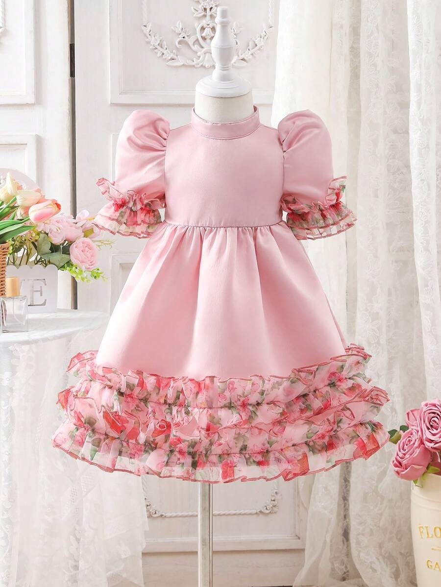 SHEIN Baby Girl Stand Collar Short Sleeve Ruffle Effect Mid-Length Satin Dress - Pink - View 1