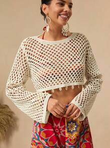 Bóhologie Cubre para mujer de unicolor con detalles calados y dobladillo estilo bohemio