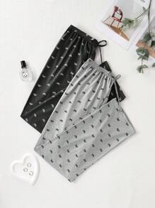 SHEIN 2件套/组 全印花蝴蝶结设计休闲女式睡衣裤套装，秋冬服装 - 彩色 - 查看 2