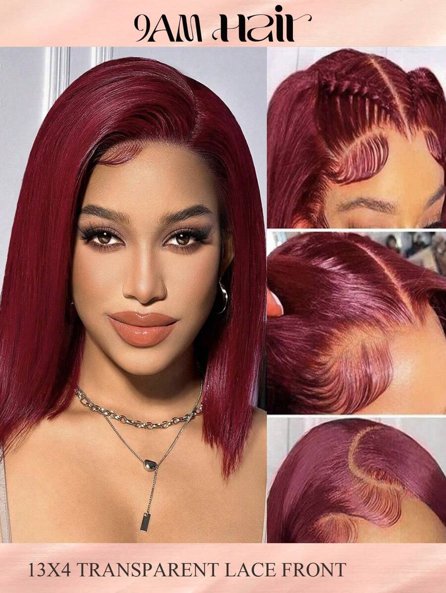 99J 勃艮第 13x4 鲍勃直发预拔人发假发短巴西人发鲍勃假发透明蕾丝人发假发 12 英寸