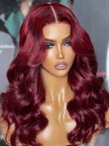 Wear&Go Glueless Curtain Bangs 99j Burgundy Body Wave Remy Human Hair Wig Pre- Plucked Bleach Knots Pre-Cut 6x5 Transparent Lace Closure Wigs 180% Density
