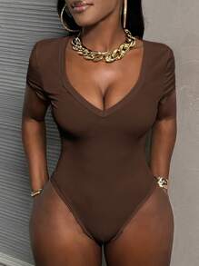 Slaydiva Grey Casual Deep V Neck Tight-Fitting Bodysuit