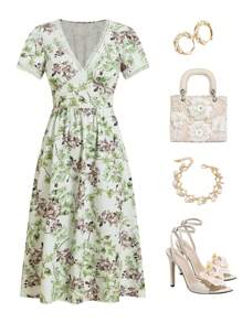 Ellevyn Ladies Elegant Ditsy Floral Lace Patchwork Summer Dress - Green - View 1