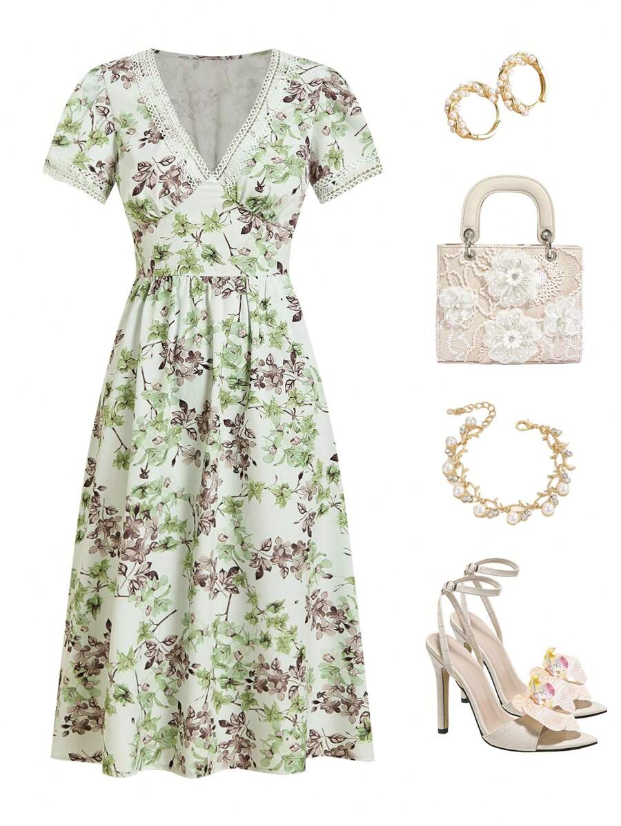 Ellevyn Ladies Elegant Ditsy Floral Lace Patchwork Summer Dress - Green - View 1