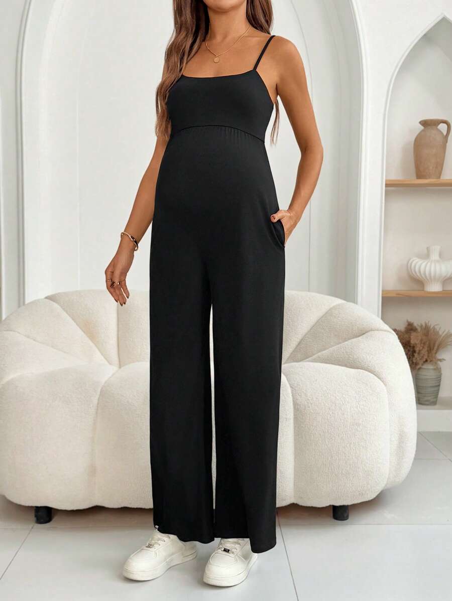 SHEIN 孕妇休闲纯色斜口袋吊带黑色连体裤，夏季女装夏季服装女士夏季衣服孕妇连体裤