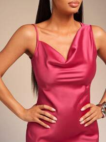 Vixey Vestido midi drapeado con manga asimétrica de satén y dobladillo con volantes