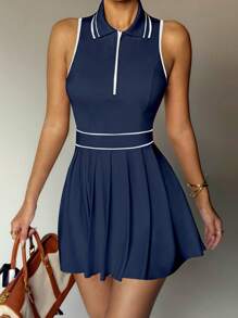 Easithlete Women Striped Half Zip Sleeveless Pleated Casual Fitness Workout Athletic Dress