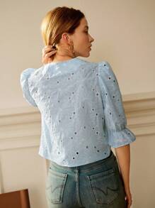 Écloséra 蓝色刺绣花卉圆领主教袖女式衬衫