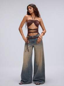 TRNVIE Jeans anchos de mujer informales con lavado ácido, bolsillos de ángulo y piernas anchas