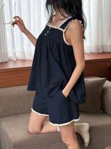 DAZY 2pcs Women Floral Lace Trim Camisole Top And Shorts Pajamas Set - Navy Blue - View 7