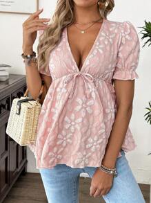 SHEIN Maternity Shirt, Short Sleeve, Front Tie Waistband, Pleated Details, A-Line, Jacquard Design
