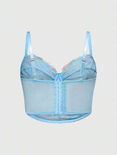 Kawaii Plus Size Delicate Embroidered Floral Bustier With Wire, High-Waist Vacation Style