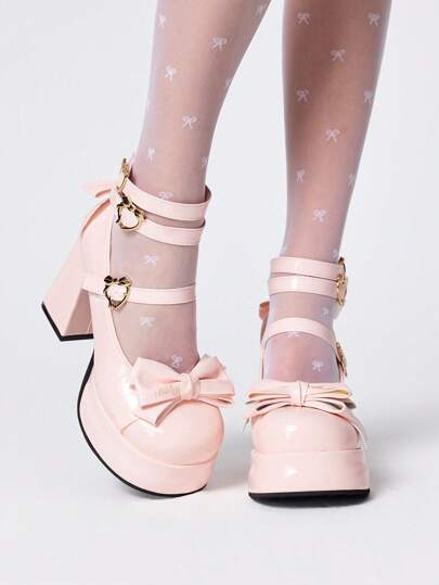 Kawaii Pink High Heel Closed Toe Mary Jane Shoes With Buckle Strap, Lolita Gothic Sweet JK Style Platform Pumps For Women