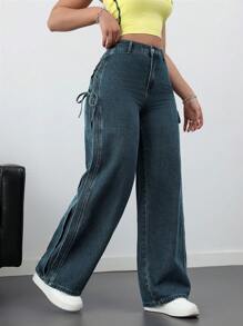 SHEIN ICON 女式休闲宽松蝴蝶结牛仔裤，蓝色 - 深色水洗藍 - 查看 2