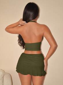 SHEIN ICON 露背上衣和低腰褶皱欧根纱迷你裙两件套 - 軍綠色 - 查看 2