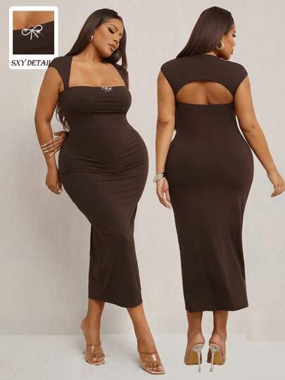 SHEIN SXY Đầm ôm sát cổ vuông đính đá lấp lánh thanh lịch gợi cảm cỡ lớn cho nữ mùa xuân và mùa hè, phù hợp để mặc hàng ngày, trang phục phương Tây, trang phục đi du ngoạn, lễ hội âm nhạc, hòa nhạc, tiệc hóa trang, kỳ nghỉ ở bãi biển, đêm hẹn hò, sinh nhật, trang phục tiệc độc thân, Gyaru, Ibiza, Nashville, nghỉ ngơi, tiệc tùng, khiêm tốn, sang trọng, câu lạc bộ, dễ thương, giản dị, mua sắm, thời trang đường phố, đi chơi, dễ phối đồ và trông thon gọn, tôn lên vóc dáng, tôn dáng