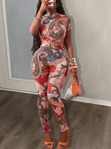 Slaydiva New Spring And Summer Street Music Festival Sexy Small Stand-Up Collar Short-Sleeved Slim Trousers See-Through Full-Frame Dragon Pattern Printed Mesh Women's Tight Jumpsuit-B