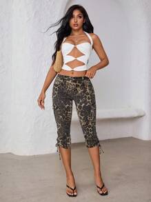 SHEIN Tall Women's Leopard Print Cargo Pocket Side Drawstring Casual 7/8 Length Jeans - Yellow - View 3