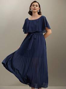 SHEIN Clasi Đầm dự tiệc lãng mạn cổ chữ V thanh lịch tay ngắn xếp nếp thắt eo cỡ lớn cho nữ, mùa xuân/hè - Xanh đậm - Xem 6