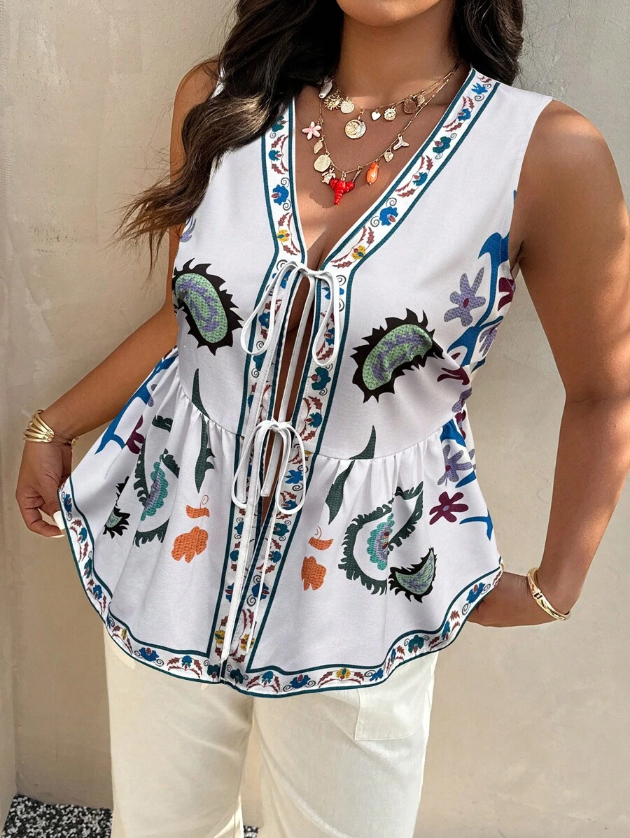 SHEIN Clasi Camiseta de tallas grandes para mujer con estampado floral tejido - Multicolor - Ver 1