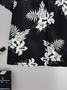 SHEIN Tropical Plant Print Hawaiian Shirt For Teen Boys, Casual College Style, Comfortable & Fashionable, Versatile & Practical, Soft Fabric, Suitable For Daily Wear, School, Travel, Outdoor Activities, Beach Vacation, Spring/Summer - Black - View 5