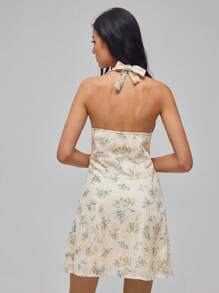 Roylia Damen V-Ausschnitt Blumenmuster geschichtetes Volant Saum Strandurlaubs Kleid