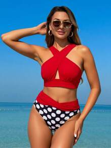 Swim Lushoire 1 set di costumi da bagno da donna a tinta unita e con stampa a pois con lacci incrociati - Multicolore - Visualizzare 5