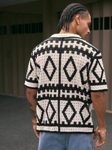 AXEPEAK Men's Casual Resort Colorblock Geometric Pattern Knitted Fall Sweater, Streetwear Style - Black and White - View 2
