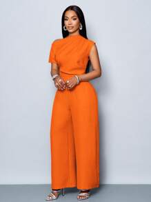 SOLERSUN Four Seasons Women's Wear Commuting Elegance Daytime Outing Casual Simple Apricot Off-Shoulder Asymmetrical Neckline Shoulder Pleats Short Sleeve Wide Leg Jumpsuit - Orange - View 3