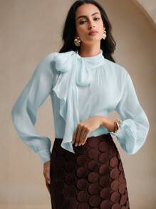 Anewsta Women's Turtleneck Long Sleeve Ribbon Blouse, French Elegant Style Commuter With Bowknot - Blue - View 4