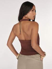 SHEIN BAE Women'S Sexy Solid Color Wrapped Backless Halter Top, Summer - Brown - View 2