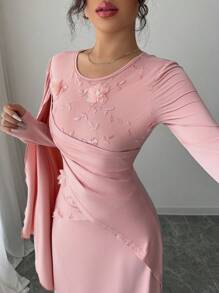 Modelyn Abito lungo con maniche lunghe, vita asimmetrica, frange e toppe in rete ricamata per le donne