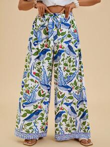 Travachic Plus Size Women Blue Tropical Plant Print Boho Wide Leg Pants For Holiday Summer Pool Party Coconut Girl Summer Boho Chic Boho Style Brunch Airport Beach Vacation City Break Holiday Western Western Wear Women Plus European Summer Island Vacation Honeymoon Old Money South Beach - Multicolor - View 2