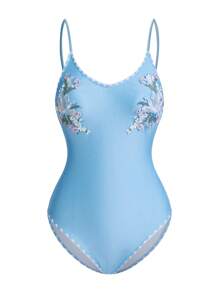 Swim Oasis Women's Embroidered Dog Tooth Contrast Color Floral Mesh One-Piece Swimsuit, Elegant Casual For Spring, Summer, Vacation, Beach Party, 2-Piece Set