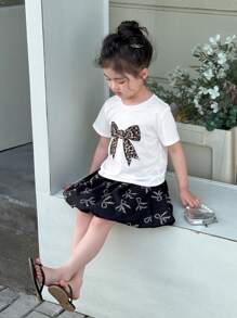 SHEIN 年轻女孩休闲街头风格豹纹蝴蝶结 T 恤和豹纹蝴蝶结迷你裙 2 件套 - 白色 - 查看 1