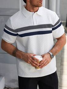 Manfinity Homme Plus Size Men's Casual Patchwork Stripe Textured Short Sleeve Polo Shirt, Summer