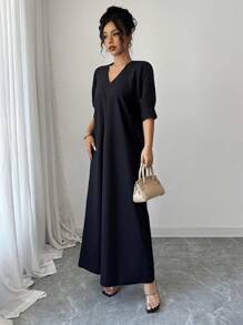 SHEIN Clasi Black Long Dress, Elegant & Graceful Design, Short Sleeve, Casual & Comfortable