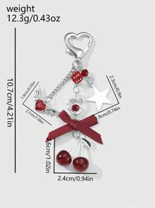 ROMWE Kawaii 1pc Y2K Chic Elegant High-Quality Silver Chain Star Dice Ribbon Bow Crystal Wing Heart Cherry Pendant Keychain, Suitable For Women/Girls Daily Wear, Holiday Gift - Burgundy - View 4