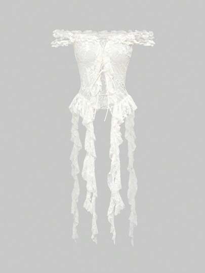 Fairycore Fariycore Women Lace Up Ruffle Hem Asymmetrical Shirt