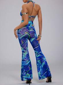 Swim EVENT Women's Neon Fluid Line One-Piece Swimsuit With Ruffle Flared Pants, Sexy Glowing Blue For Music Festival, Casual Spring & Summer Vacation, Beach Party, 2 Pieces Set