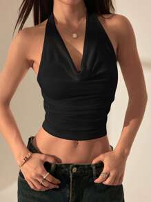 SHEIN PETITE Canotta estiva da donna con schiena scoperta e collo alto, di colore tinta unita