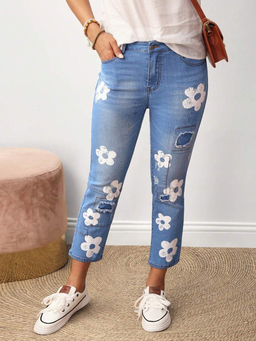 EMERY ROSE Jeans casuales ajustados con estampado floral y bolsillos rotos para mujeres - Lavado ligero - Ver 1