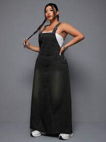 SHEIN ICON 大尺碼休閒牛仔背帶裙，超長且石染 - 黑色 - 查看 5